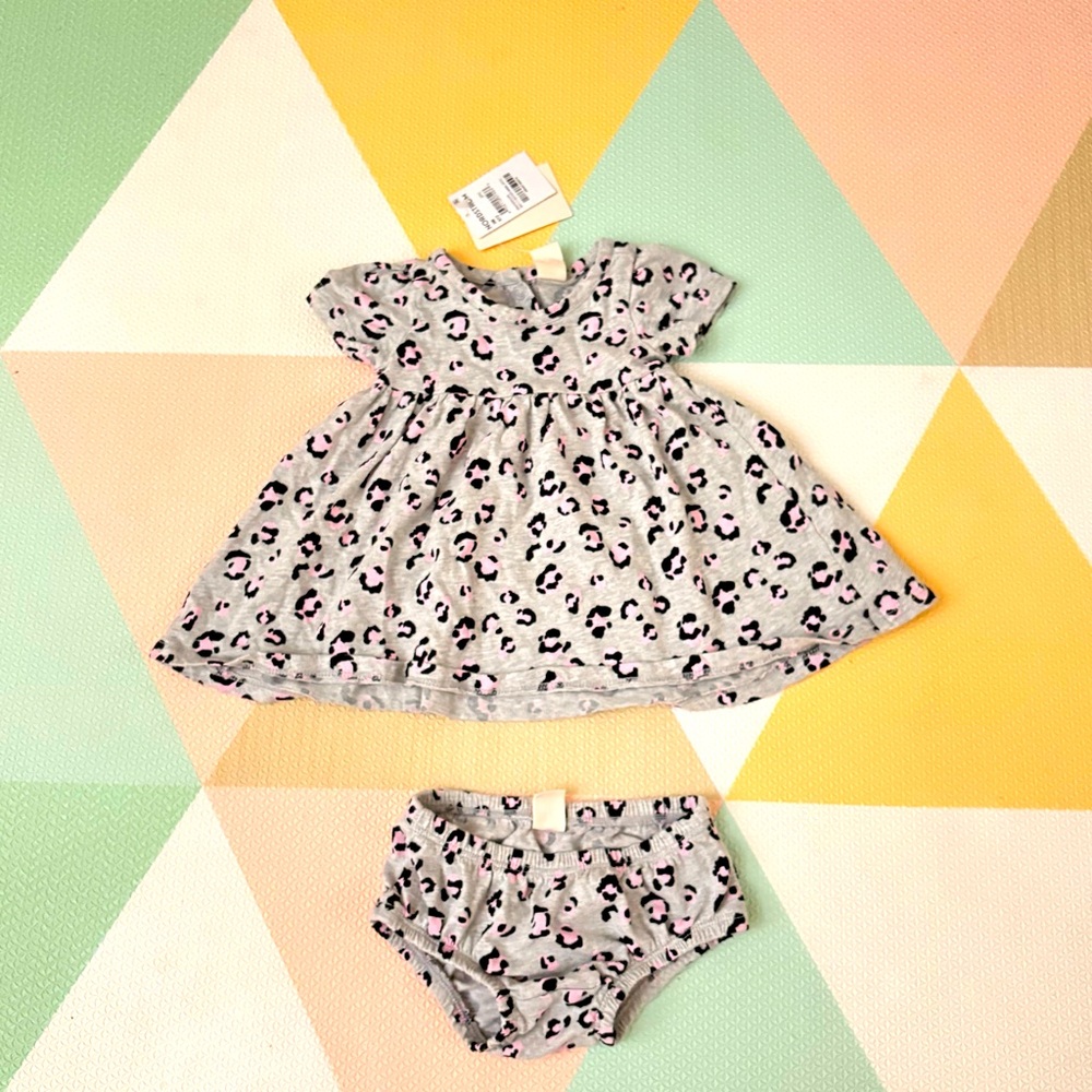 NWT Tucker & Tate 2 Piece Heather Grey and Pink Leopard Dress and Bloomers 3 mo